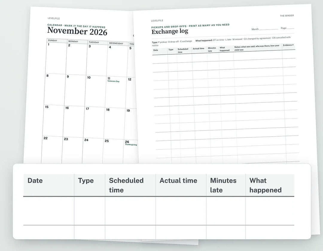 Printable binder pages: exchange log and monthly calendar