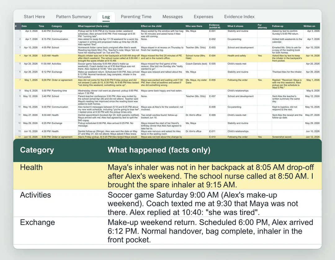 The Levelfile workbook open on the Log sheet, with example entries